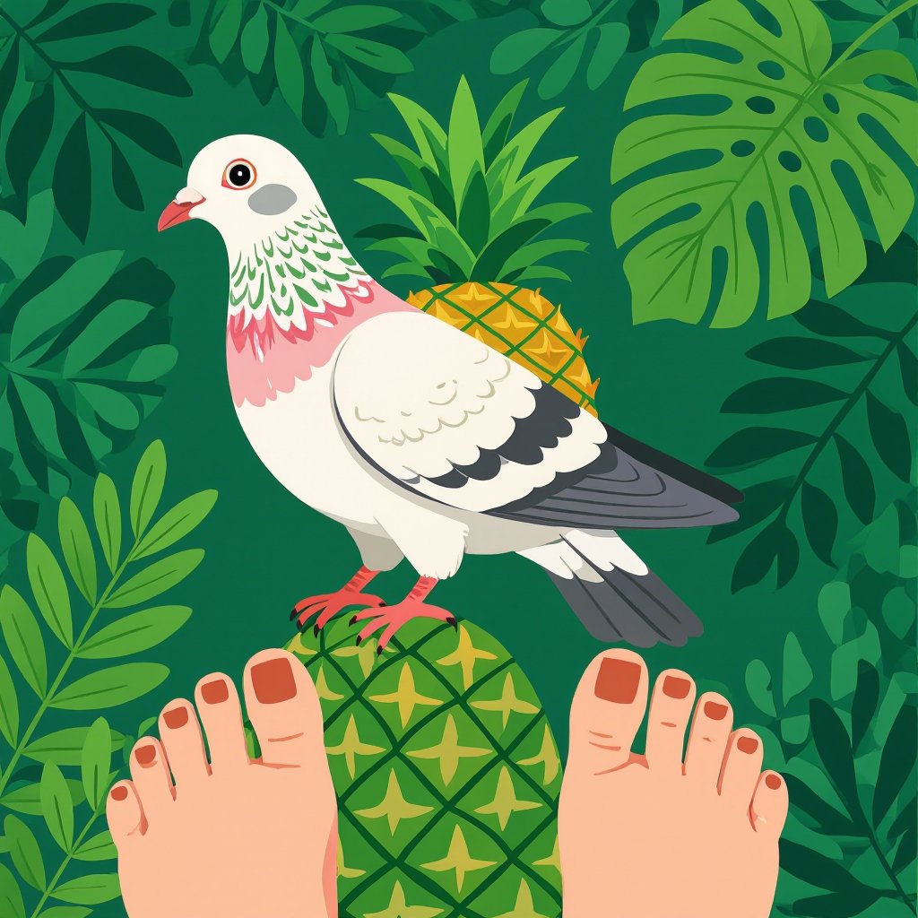 Pigeon with pineapple body 2 human foot in jungle