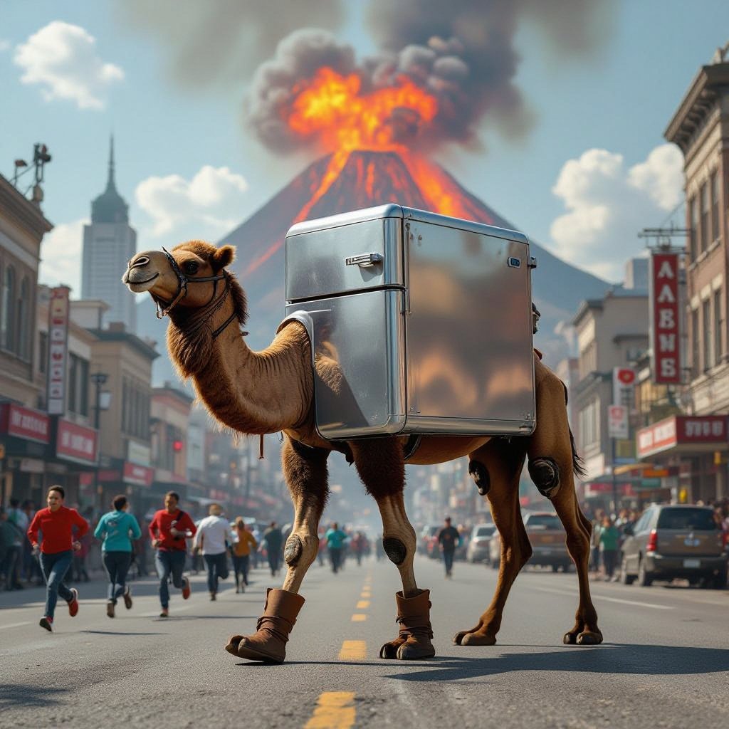 Camel with refriger body 2 camel leg 2 wear boots in city is volcano attack city 100 people is run in city