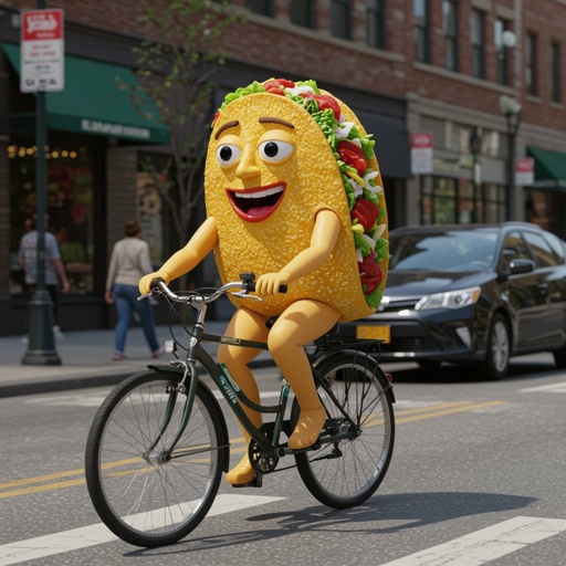 Taco with human face 2 tan arm 2 tan leg ride bicycle in city