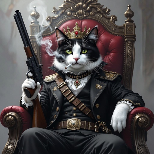 Gatto bianco e nero con un fucile a pompa e che fuma con un fucile in fronte che è sul trono con i vestiti da bandito