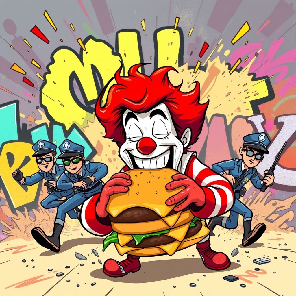 El payaso de McDonald’s comiéndose una hamburguesa del Burger King, mientras la policía le persigue