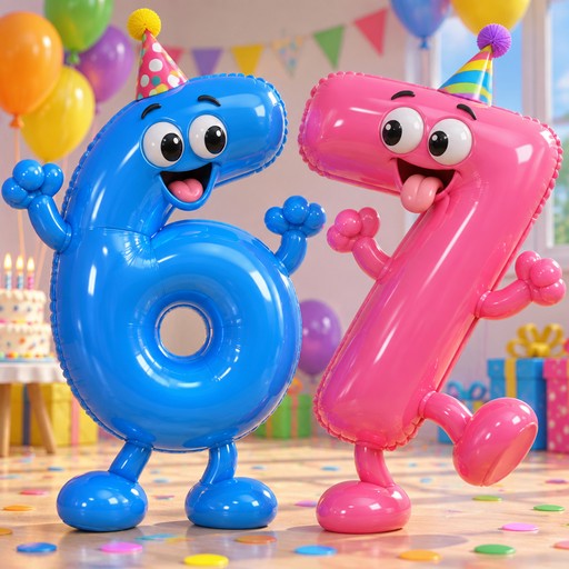 Blue and pink cartoon numbers pose in a colorful party room.
