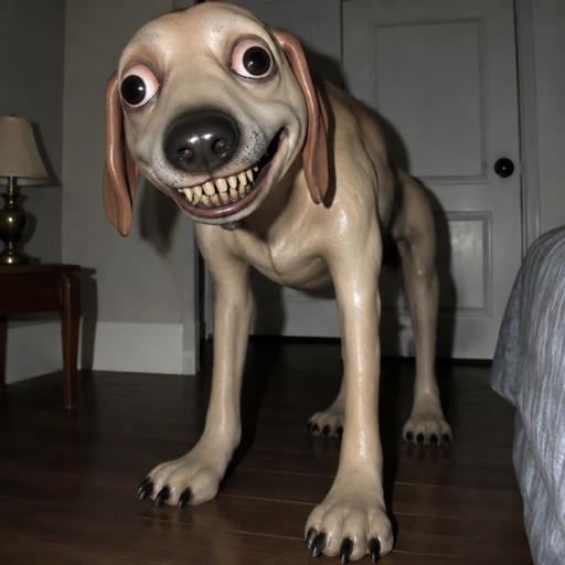 Surreal 3D-rendered dog standing indoors beside a bed, with exaggerated facial features