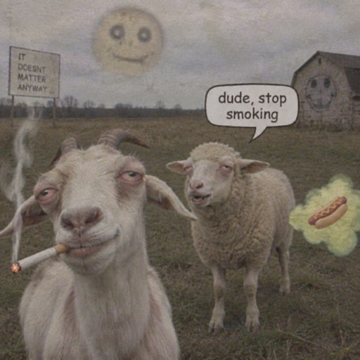 Surreal meme of two sheep smoking in a field with a speech bubble, muted colors
