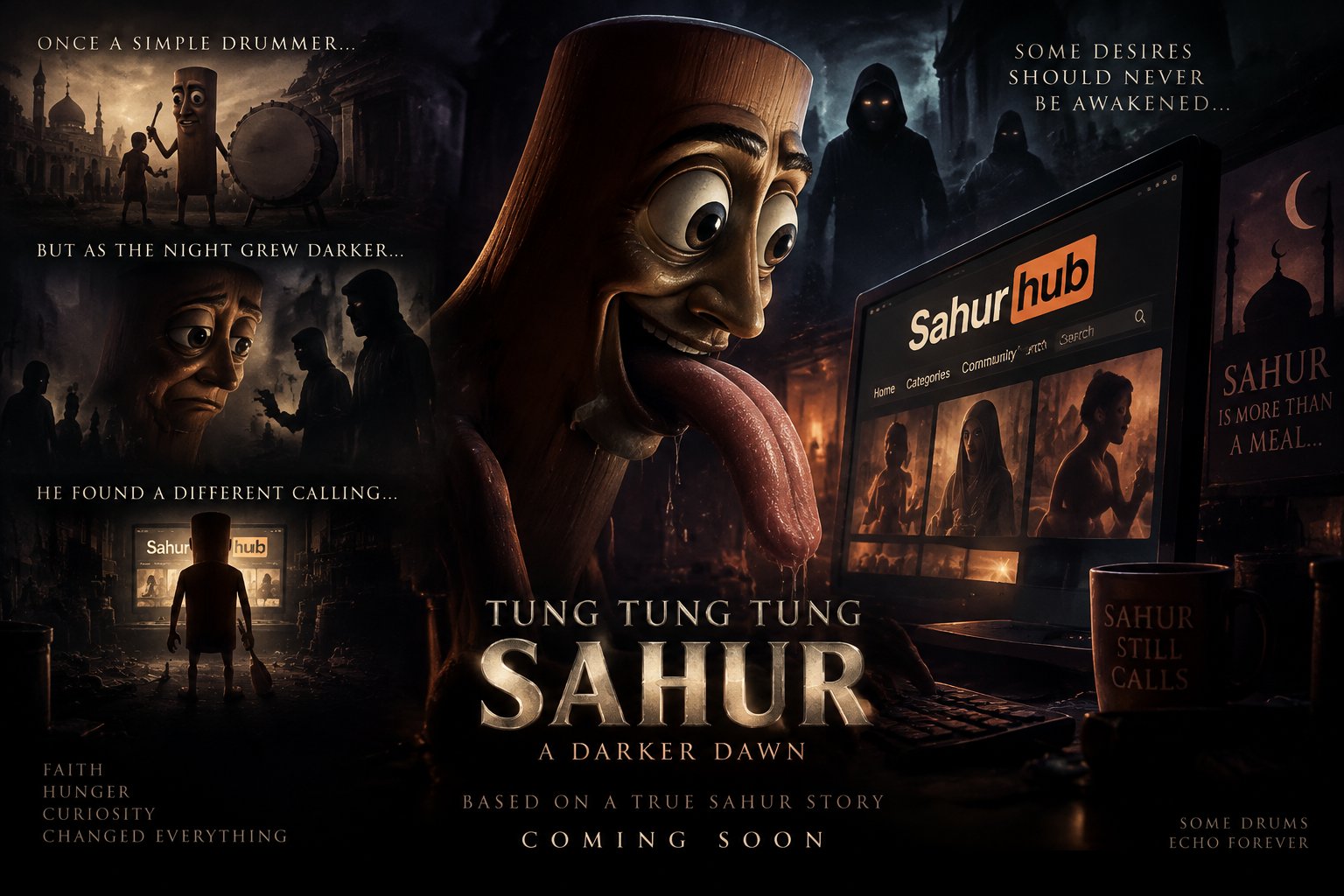 Dark meme collage featuring a wide-eyed animated figure, movie posters, and “Tung Tung Tung Sahur” text.
