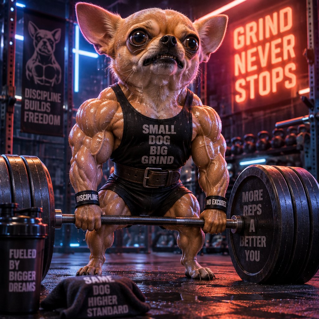 Muscular dog lifting a barbell in a neon-lit gym, with motivational text and red-blue lighting.