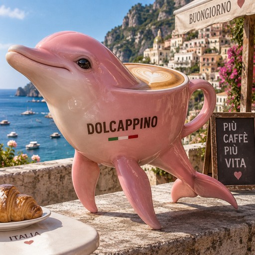Pink dolphin-shaped coffee cup on a seaside terrace with Italian text and coastal scenery