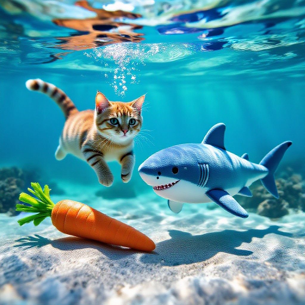 Cat underwater with shark carrot