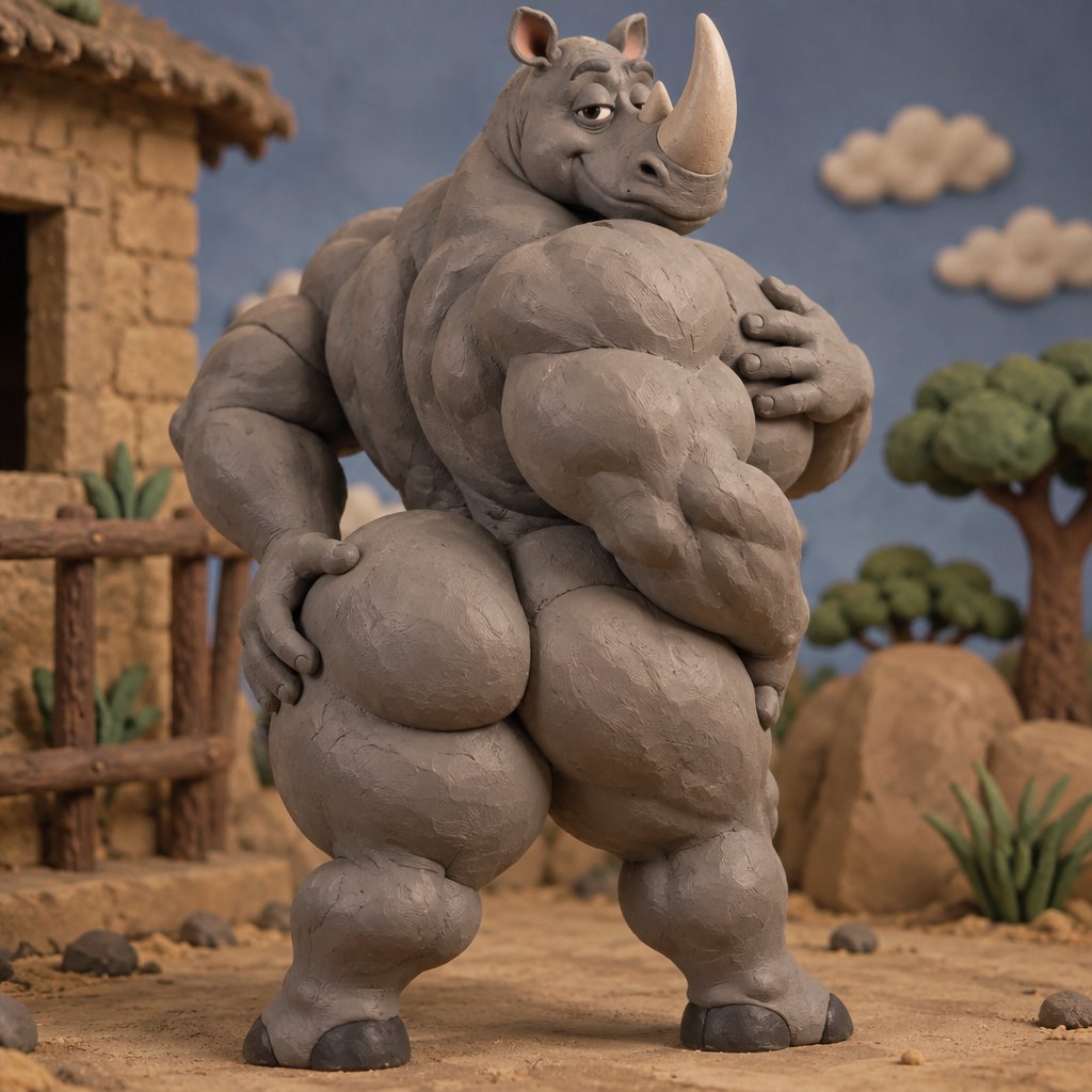Muscular gray rhinoceros character standing in a stylized desert village scene