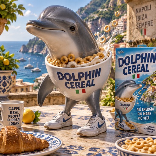 Cartoon dolphin eating cereal beside a cereal box and coffee on a sunny coast