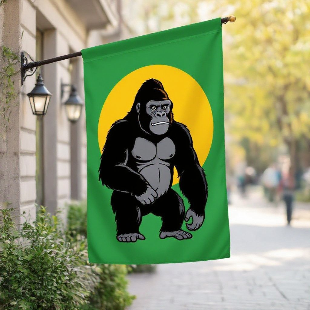 黄色いゴリラと太陽が描かれた緑色の背景の旗