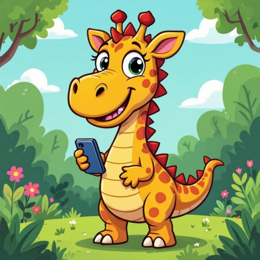 Haz un dinosaurio fusionado con una jirafa con un teléfono en la mano