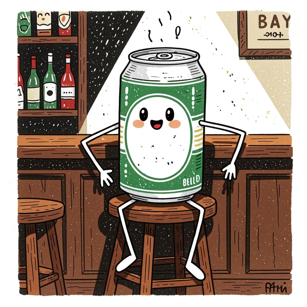 Make a beer can have legs and and arm in a pub