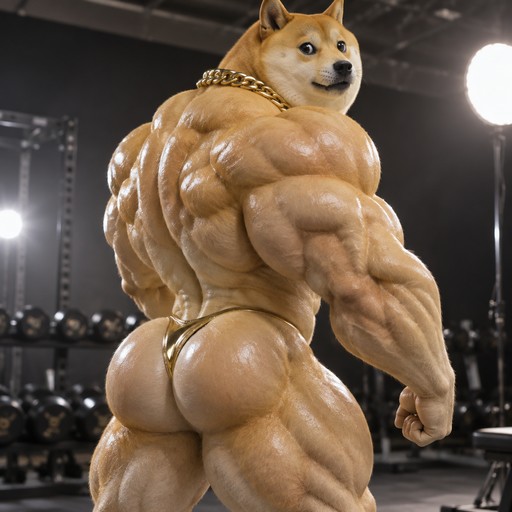 Muscular cartoon dog character posing in a dimly lit gym with dramatic spotlights