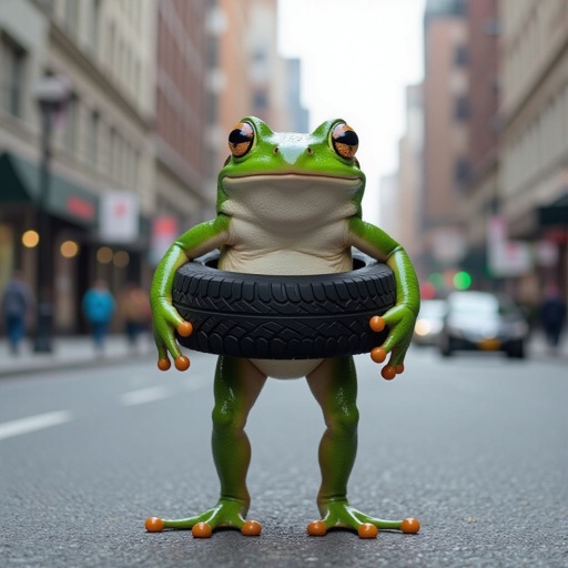 Frog with tire body 2 human leg in city