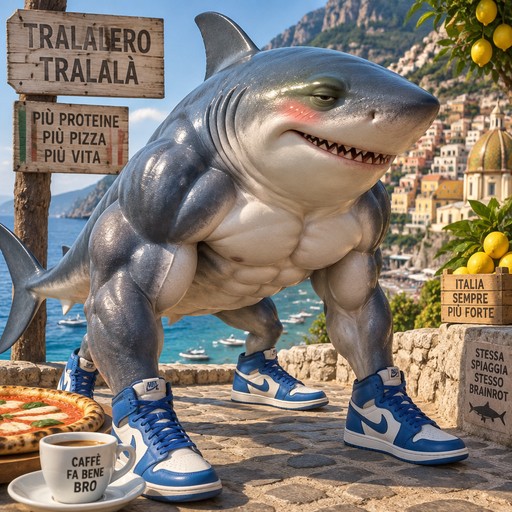 Anthropomorphic shark wearing blue sneakers near a colorful coastal village and signs