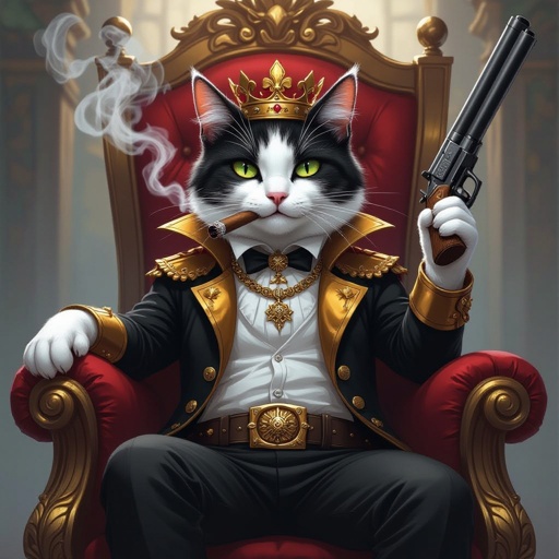 Gatto bianco e nero con un fucile a pompa e che fuma con un fucile in fronte che è sul trono con i vestiti da bandito oro
