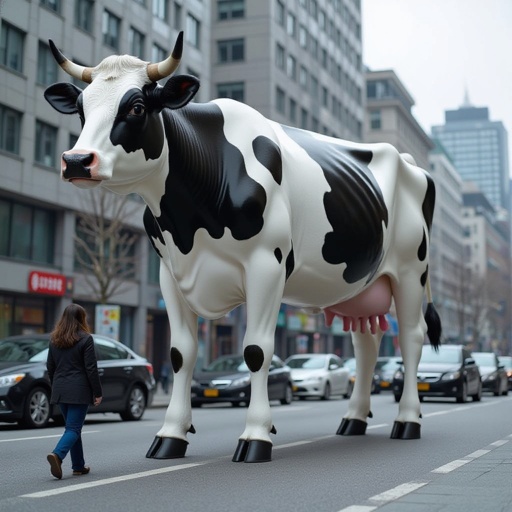 Cow Saturn body 2 human leg in city