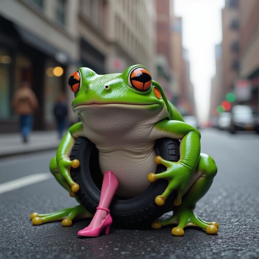 Frog with tire body 2 human leg in city