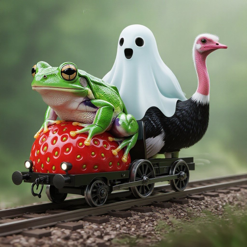 Una rana fusa con una ruota fuso con un t-rex fantasma fuso con lo struzzo treno futuristico usa ad un elefante fragola