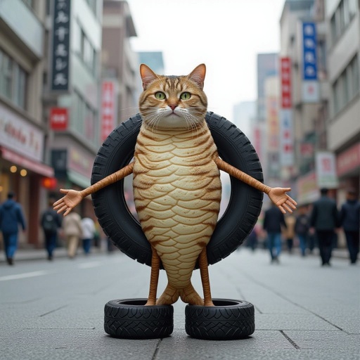 Cat fish tire body 2 human leg in city