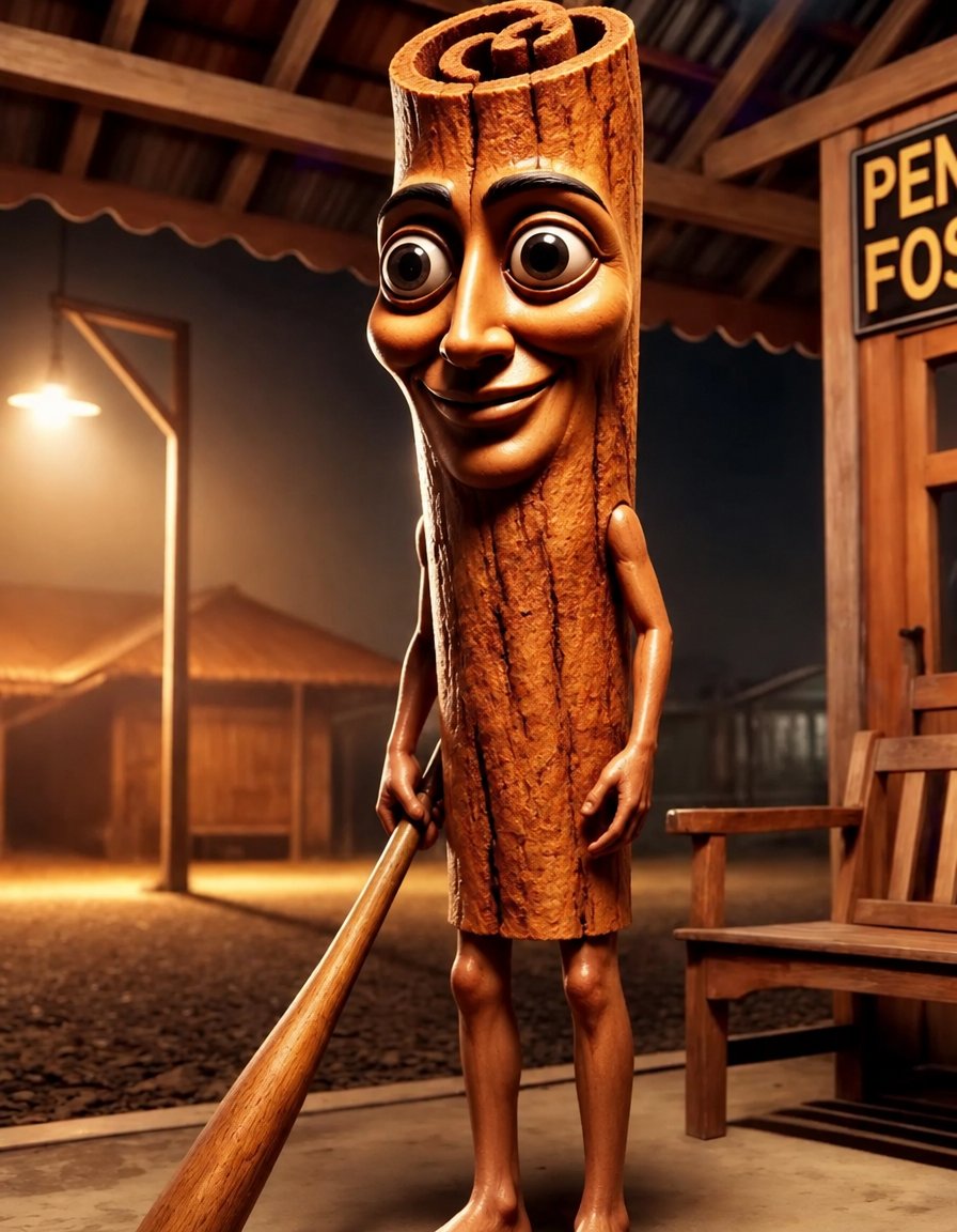 Cartoon wooden log character holding a bat in a warmly lit shed