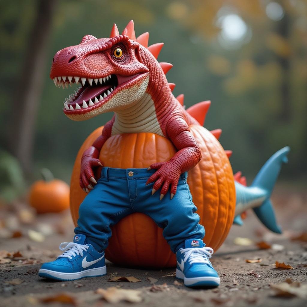 Una zucca con la testa di dinosauro rosso, la coda di uno squalo pantaloni blu e scarpe Nike blu