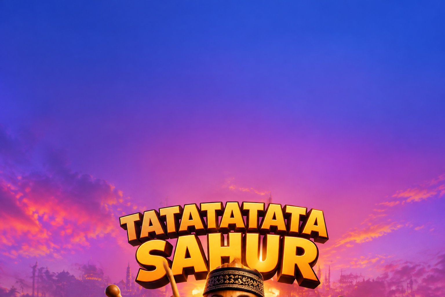 Bold yellow “TATATATATA SAHUR” text over a purple-orange sunset sky
