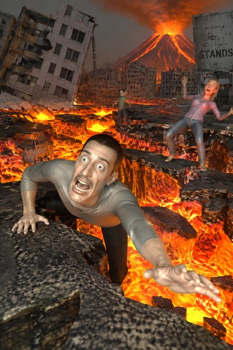 Surreal 3D meme of people amid a fiery volcanic city eruption, orange glow and rubble