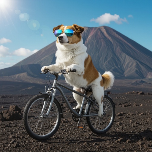 Um cachorro de bicicleta e óculos escuros no vulcão