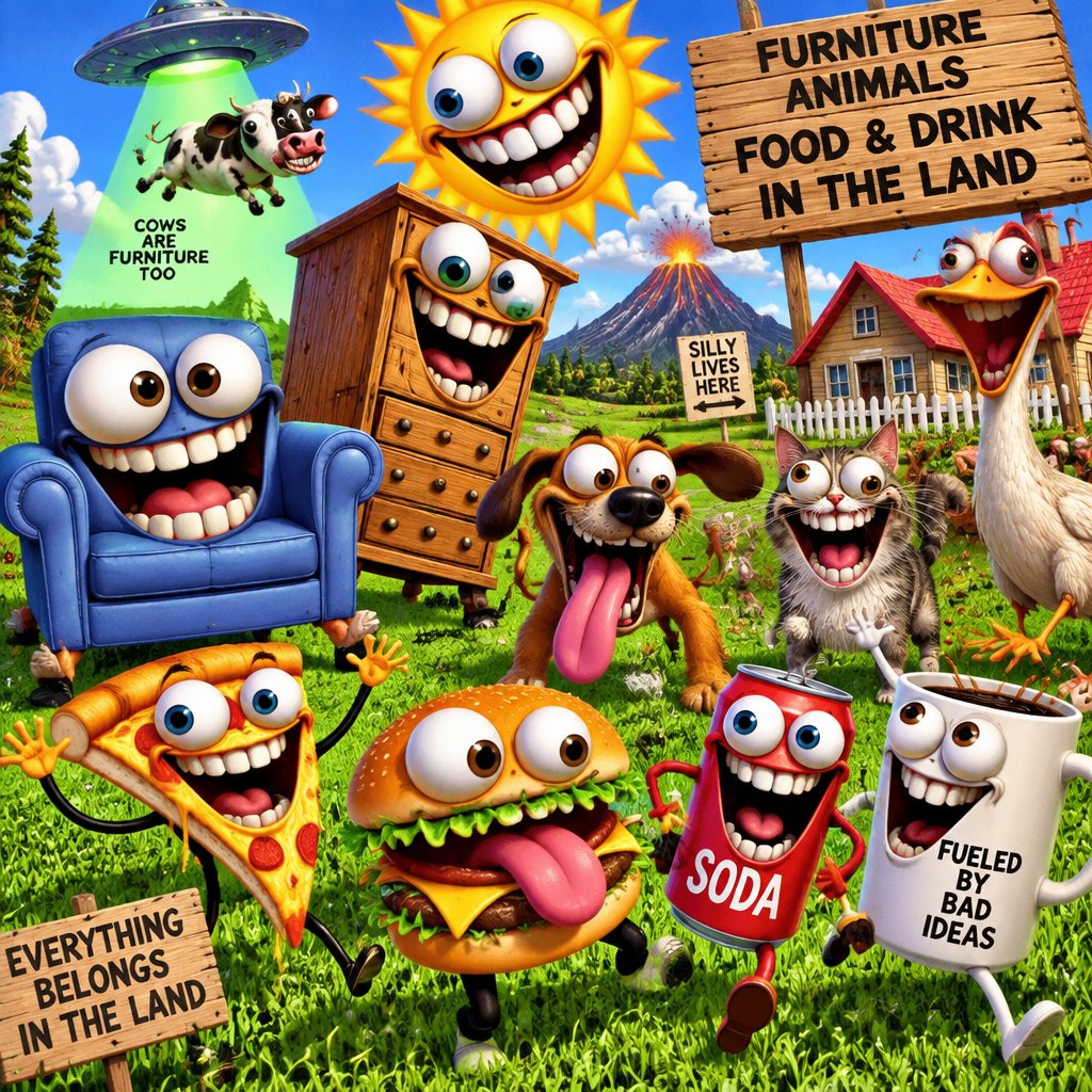 Colorful cartoon collage of grinning furniture, food, animals, and signs in a garden.