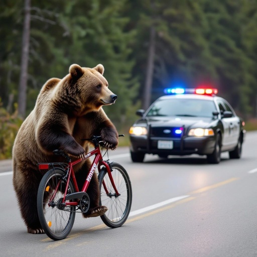Make a bear riding a bicycle and trying to run away from the police