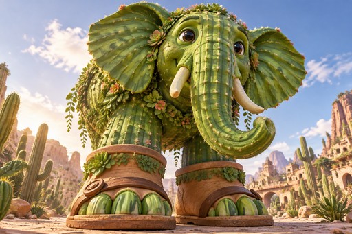 Cartoon elephant-faced creature wearing boots in a colorful desert landscape