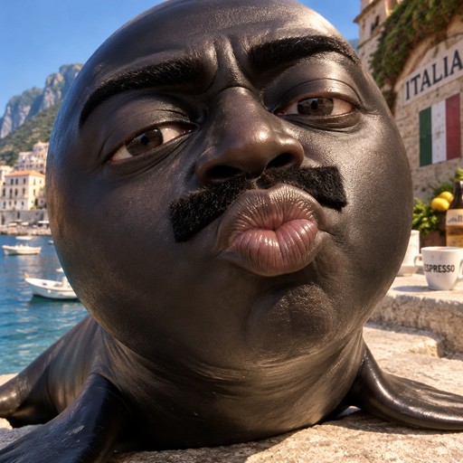 una bola con cara negra frenton con un bigote cuadrado y un cuerpo de focaMuestra un primer plano muy cercano de la cara de un joven.   Expresión: El chico hace una mueca cómica o exagerada, frunciendo los labios de forma pronunciada (simulando un beso o una cara graciosa) mientras mira hacia la cámara