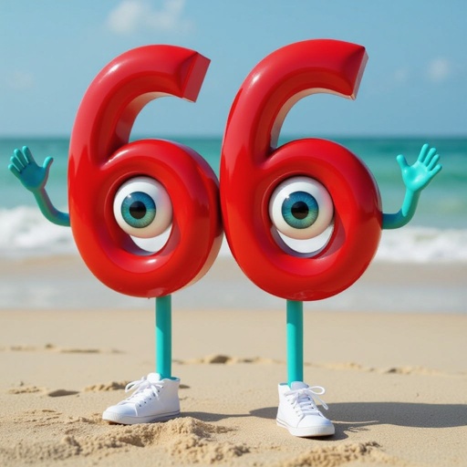 Red number 666 with 2 human eye ball 2 cyan arm  2 cyan leg wear  white shoes in beach