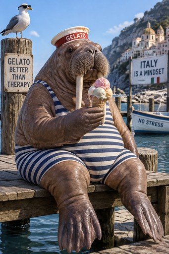 A lifeguard walrus holds an ice cream beside a dock with warning signs.