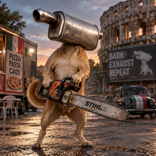 Surreal dog-headed figure holding a chainsaw beside a pizza stand in a city square
