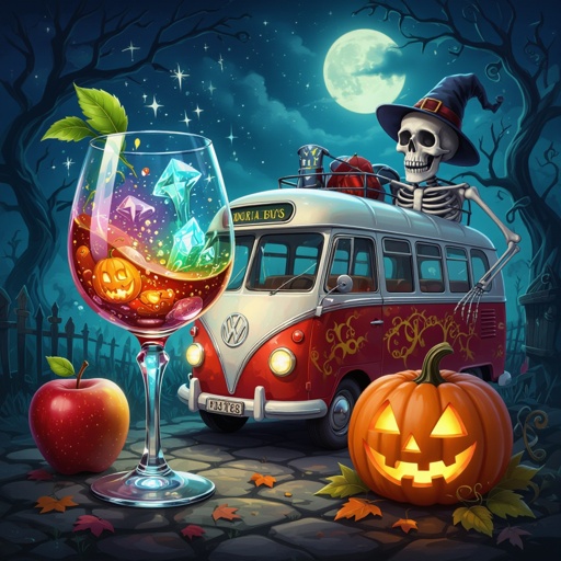 Un vaso mischiato con un bus mischiato ad una mela mischiato ad uno scheletro con una zucca di halloween