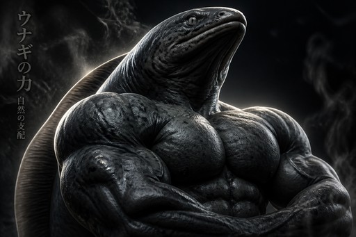 Dark monochrome surreal illustration of a muscular serpent-like creature flexing.