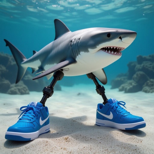 Uno squalo con tre gambe e tre scarpe Nike blu