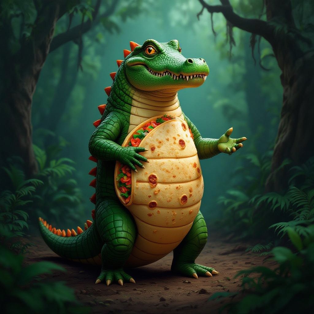 Crocodile with quesadillas body 2 human arm 2 human foot in woods