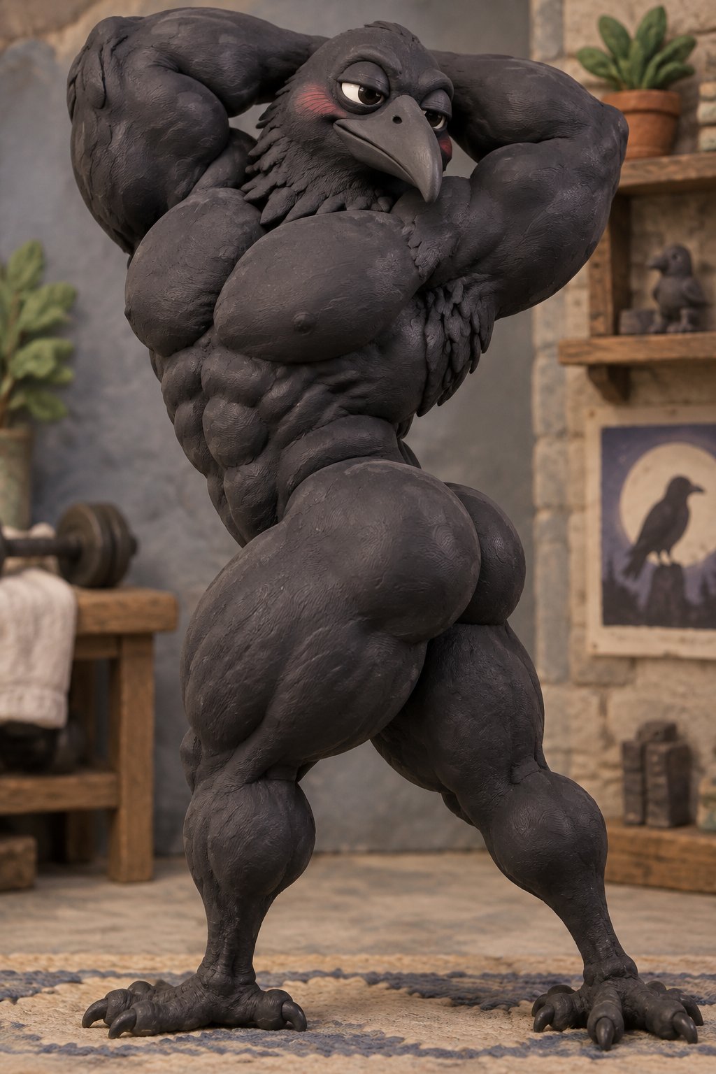 Stylized muscular black bird humanoid posing indoors beside plants and shelves