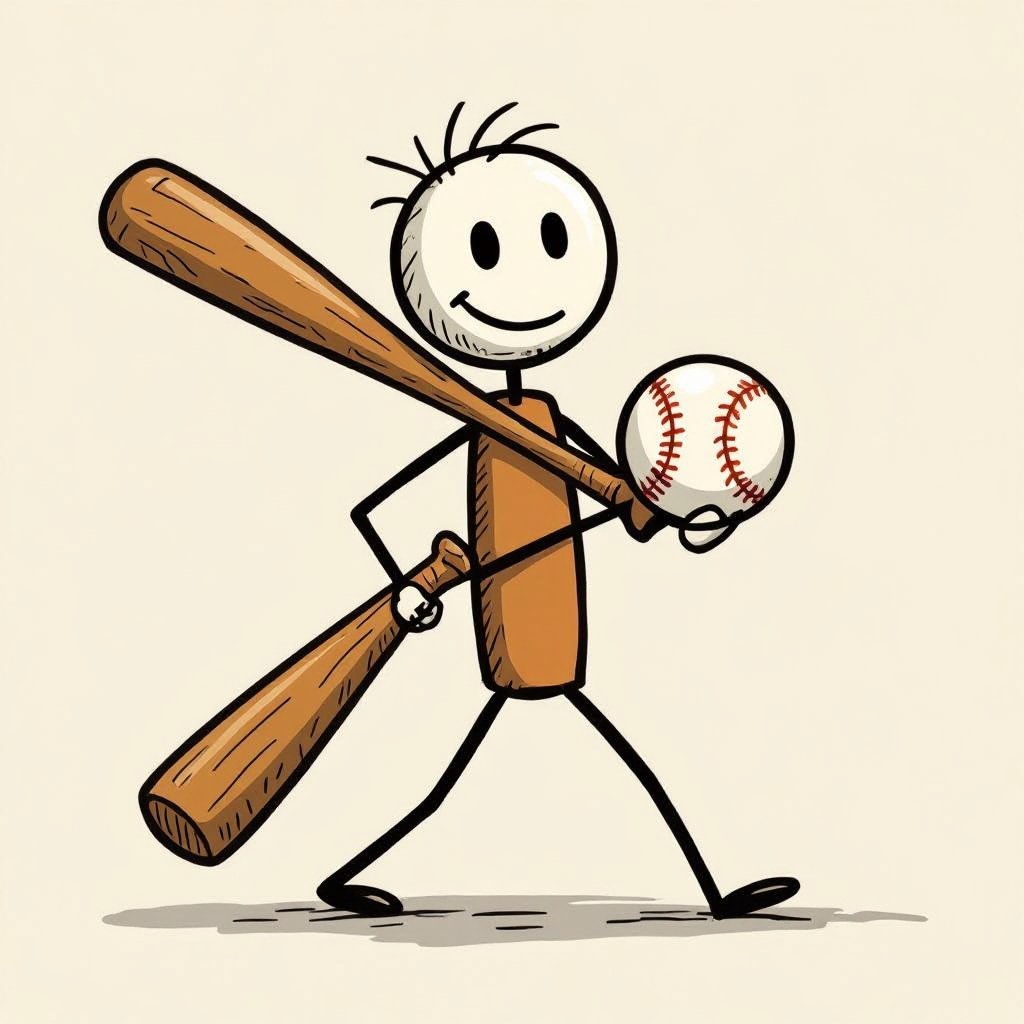 A stick whit a face and legs and hands that’s holding a baseball