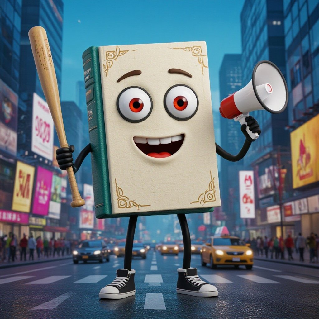 Book with human face 2 red eye 2 black arm 2 black leg with wear 2 shoes with baseball bat and megaphone in city