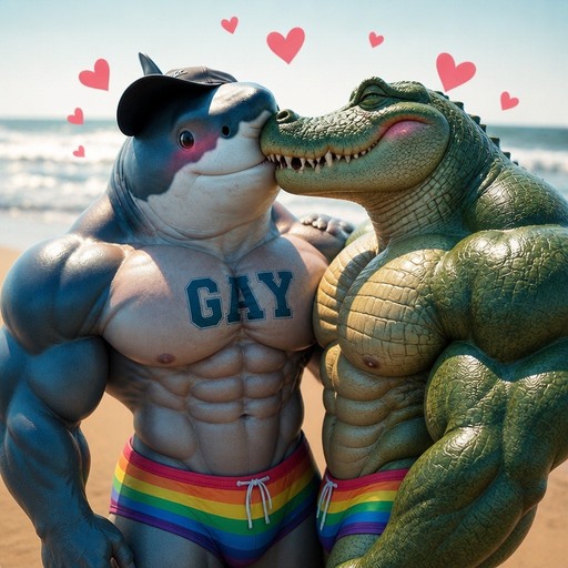 Cartoon-style blue shark and green crocodile posing together by the ocean.