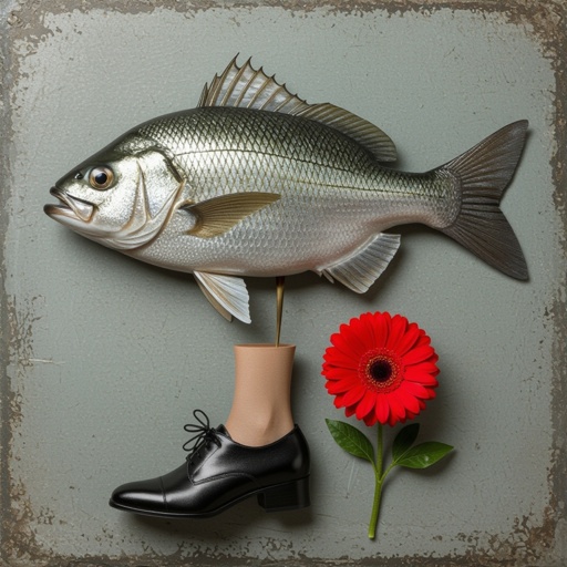Um peixe com três pernas humanas e um sapato