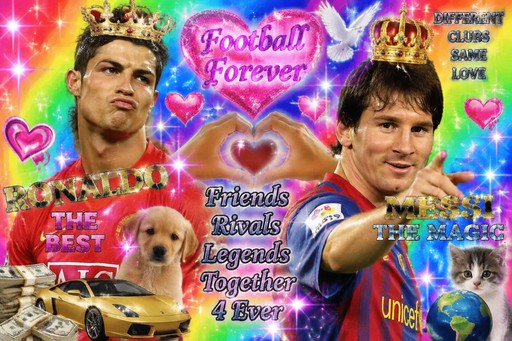 Colorful collage of two soccer players, a dog, hearts, glitter, and text.