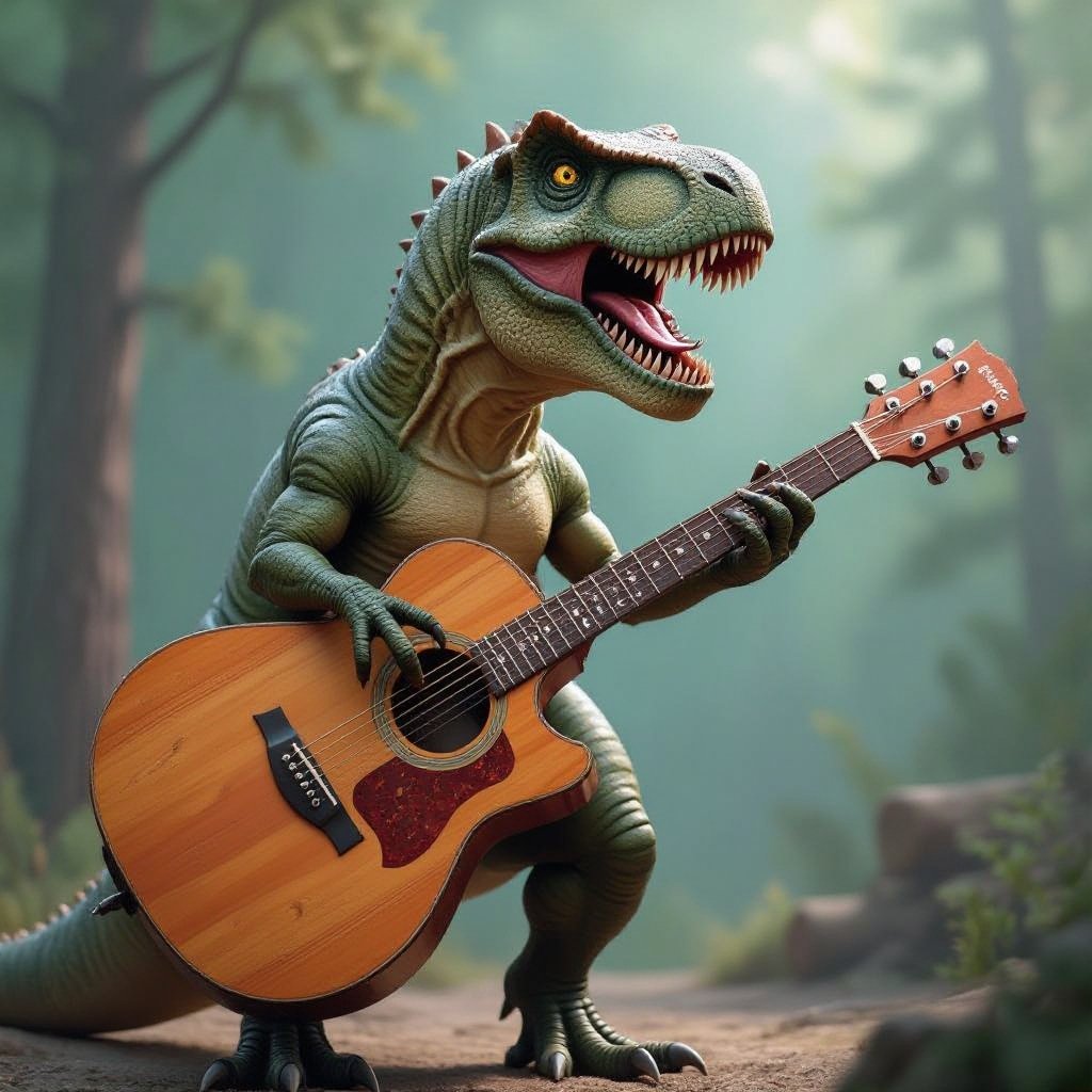 Un t-rex che suona la chitarra