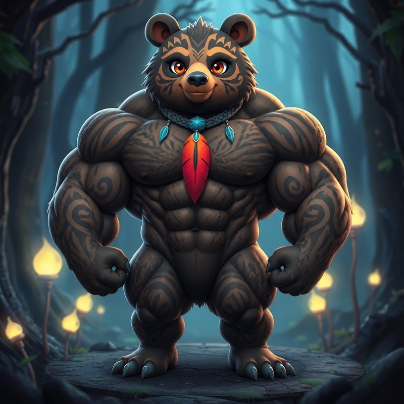 Muscular anthropomorphic raccoon standing in a glowing blue forest, digital fantasy art