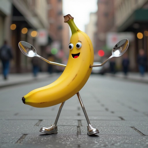 A banan that has straws for legs, spoons for arms